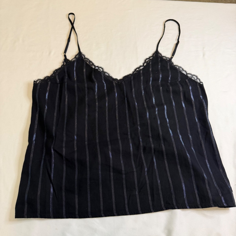 Victoria's Secret Black Silver Metallic Pinstripe Lace Trim Cami Top Large
